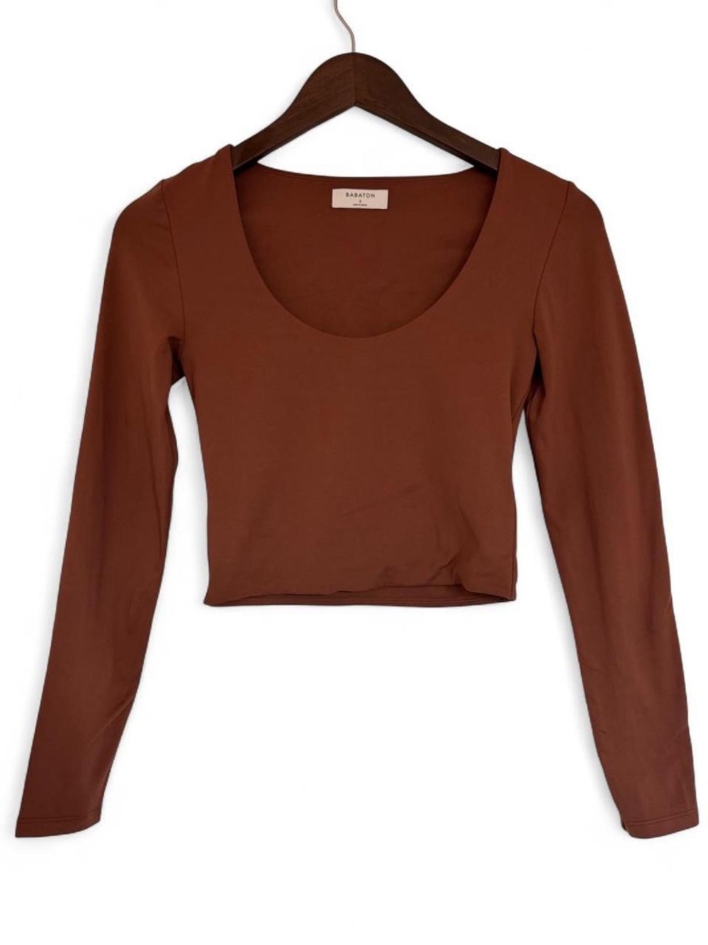 Aritzia Babaton Contour Scoop Neck Sculpt Brown Long Sleeve Top Small Minimalist